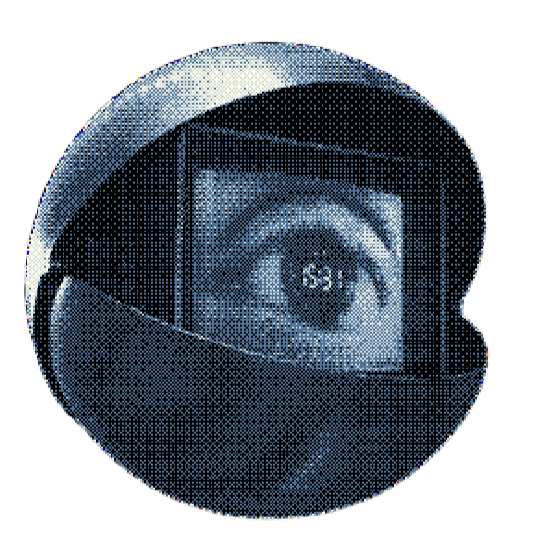 Cool cybercore screen in a metal sphere, displaying an eye.